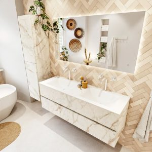 MONDIAZ VICA 140cm badmeubel onderkast Carrara 2 lades. Wastafel CLOUD dubbel 2 kraangaten