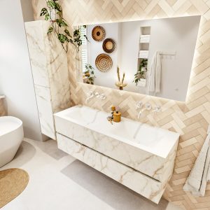 MONDIAZ VICA 140cm badmeubel onderkast Carrara 2 lades. Wastafel CLOUD dubbel zonder kraangat
