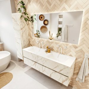 MONDIAZ VICA 150cm badmeubel onderkast Carrara 2 lades. Wastafel CLOUD dubbel 2 kraangaten