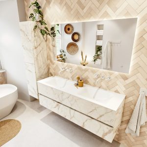 MONDIAZ VICA 150cm badmeubel onderkast Carrara 2 lades. Wastafel CLOUD dubbel zonder kraangat