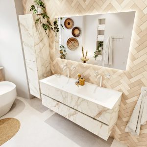 MONDIAZ VICA 130cm badmeubel onderkast Carrara 4 lades. Wastafel CLOUD dubbel 2 kraangaten