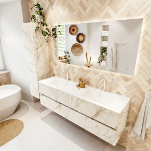 MONDIAZ VICA 160cm badmeubel onderkast Carrara 4 lades. Wastafel CLOUD dubbel 2 kraangaten