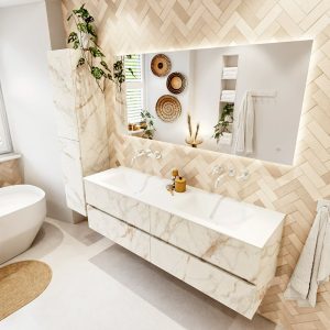 MONDIAZ VICA 160cm badmeubel onderkast Carrara 4 lades. Wastafel CLOUD dubbel zonder kraangat