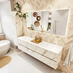 MONDIAZ VICA 180cm badmeubel onderkast Carrara 4 lades. Wastafel CLOUD dubbel 2 kraangaten
