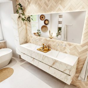MONDIAZ VICA 190cm badmeubel onderkast Carrara 4 lades. Wastafel CLOUD dubbel zonder kraangat