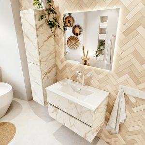 MONDIAZ VICA 80cm badmeubel onderkast Carrara 2 lades. Wastafel DENIA midden 1 kraangat
