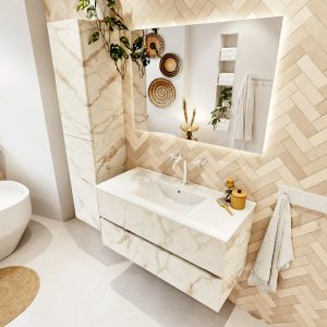 MONDIAZ VICA 100cm badmeubel onderkast Carrara 2 lades. Wastafel DENIA midden 1 kraangat