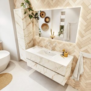 MONDIAZ VICA 120cm badmeubel onderkast Carrara 2 lades. Wastafel DENIA midden 1 kraangat