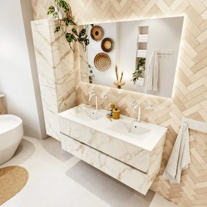 MONDIAZ VICA 120cm badmeubel onderkast Carrara 2 lades. Wastafel DENIA dubbel 2 kraangaten