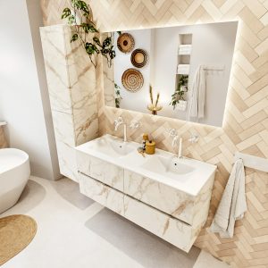 MONDIAZ VICA 120cm badmeubel onderkast Carrara 4 lades. Wastafel DENIA dubbel 2 kraangaten