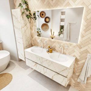 MONDIAZ VICA 130cm badmeubel onderkast Carrara 2 lades. Wastafel MOON dubbel 2 kraangaten