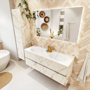 MONDIAZ VICA 130cm badmeubel onderkast Carrara 2 lades. Wastafel MOON dubbel zonder kraangat