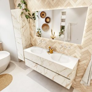 MONDIAZ VICA 140cm badmeubel onderkast Carrara 2 lades. Wastafel MOON dubbel zonder kraangat