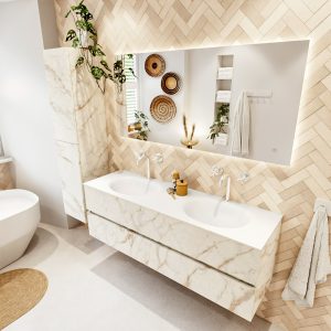 MONDIAZ VICA 150cm badmeubel onderkast Carrara 2 lades. Wastafel MOON dubbel 2 kraangaten