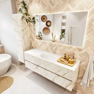MONDIAZ VICA 150cm badmeubel onderkast Carrara 2 lades. Wastafel MOON midden zonder kraangat