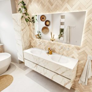 MONDIAZ VICA 150cm badmeubel onderkast Carrara 2 lades. Wastafel MOON dubbel zonder kraangat