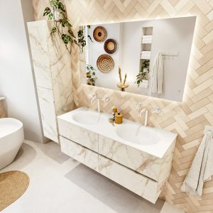 MONDIAZ VICA 130cm badmeubel onderkast Carrara 4 lades. Wastafel MOON dubbel 2 kraangaten
