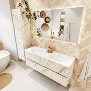 MONDIAZ VICA 130cm badmeubel onderkast Carrara 4 lades. Wastafel MOON dubbel zonder kraangat