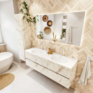 MONDIAZ VICA 150cm badmeubel onderkast Carrara 4 lades. Wastafel MOON dubbel 2 kraangaten