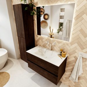 MONDIAZ VICA 90cm badmeubel onderkast Dark Brown 2 lades. Wastafel CLOUD midden 1 kraangat