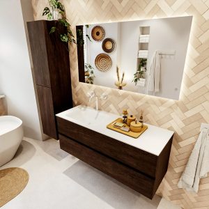 MONDIAZ VICA 130cm badmeubel onderkast Dark Brown 2 lades. Wastafel CLOUD links 1 kraangat