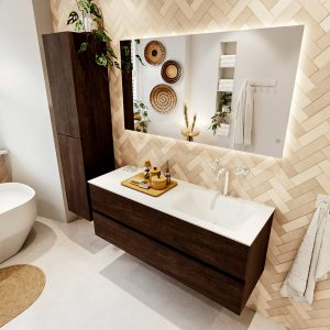 MONDIAZ VICA 130cm badmeubel onderkast Dark Brown 2 lades. Wastafel CLOUD rechts 1 kraangat