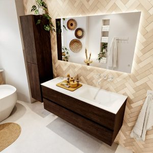 MONDIAZ VICA 130cm badmeubel onderkast Dark Brown 2 lades. Wastafel CLOUD rechts zonder kraangat
