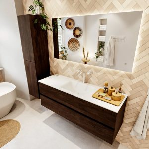 MONDIAZ VICA 140cm badmeubel onderkast Dark Brown 2 lades. Wastafel CLOUD midden 1 kraangat