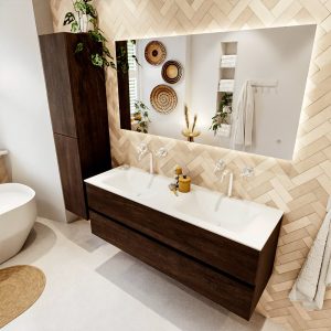 MONDIAZ VICA 140cm badmeubel onderkast Dark Brown 2 lades. Wastafel CLOUD dubbel 2 kraangaten