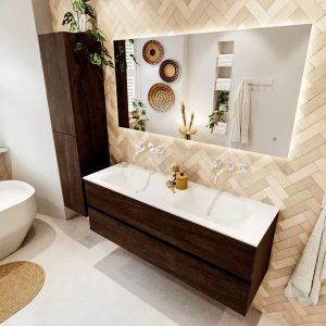 MONDIAZ VICA 140cm badmeubel onderkast Dark Brown 2 lades. Wastafel CLOUD dubbel zonder kraangat