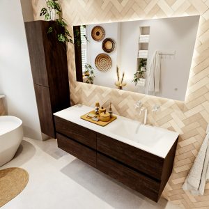 MONDIAZ VICA 140cm badmeubel onderkast Dark Brown 4 lades. Wastafel CLOUD rechts 1 kraangat