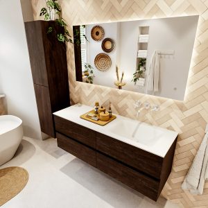 MONDIAZ VICA 140cm badmeubel onderkast Dark Brown 4 lades. Wastafel CLOUD rechts zonder kraangat