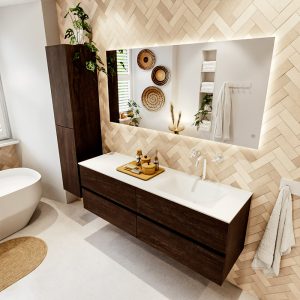 MONDIAZ VICA 150cm badmeubel onderkast Dark Brown 4 lades. Wastafel CLOUD rechts 1 kraangat
