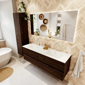 MONDIAZ VICA 150cm badmeubel onderkast Dark Brown 4 lades. Wastafel CLOUD dubbel 2 kraangaten