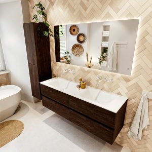 MONDIAZ VICA 150cm badmeubel onderkast Dark Brown 4 lades. Wastafel CLOUD dubbel zonder kraangat