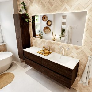 MONDIAZ VICA 160cm badmeubel onderkast Dark Brown 4 lades. Wastafel CLOUD rechts 1 kraangat