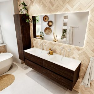MONDIAZ VICA 160cm badmeubel onderkast Dark Brown 4 lades. Wastafel CLOUD dubbel 2 kraangaten