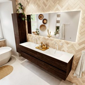 MONDIAZ VICA 180cm badmeubel onderkast Dark Brown 4 lades. Wastafel CLOUD dubbel 2 kraangaten