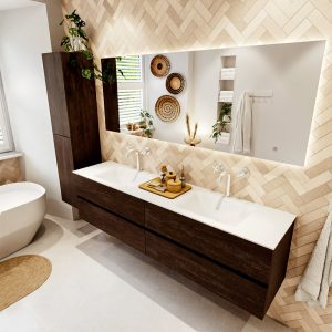 MONDIAZ VICA 190cm badmeubel onderkast Dark Brown 4 lades. Wastafel CLOUD dubbel 2 kraangaten