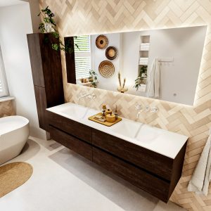MONDIAZ VICA 190cm badmeubel onderkast Dark Brown 4 lades. Wastafel CLOUD dubbel zonder kraangat