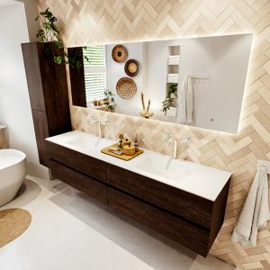 MONDIAZ VICA 200cm badmeubel onderkast Dark Brown 4 lades. Wastafel CLOUD dubbel 2 kraangaten