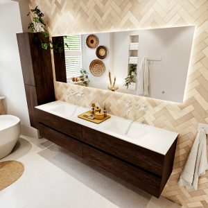 MONDIAZ VICA 200cm badmeubel onderkast Dark Brown 4 lades. Wastafel CLOUD dubbel zonder kraangat