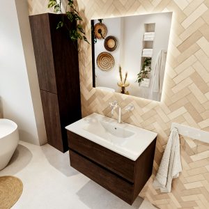MONDIAZ VICA 80cm badmeubel onderkast Dark Brown 2 lades. Wastafel DENIA midden 1 kraangat