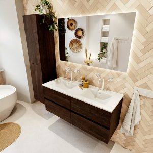MONDIAZ VICA 120cm badmeubel onderkast Dark Brown 4 lades. Wastafel DENIA dubbel 2 kraangaten