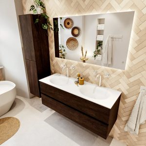 MONDIAZ VICA 130cm badmeubel onderkast Dark Brown 2 lades. Wastafel MOON dubbel 2 kraangaten