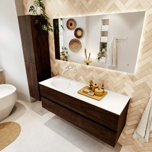 MONDIAZ VICA 140cm badmeubel onderkast Dark Brown 2 lades. Wastafel MOON links zonder kraangat