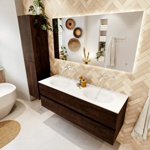 MONDIAZ VICA 140cm badmeubel onderkast Dark Brown 2 lades. Wastafel MOON dubbel zonder kraangat