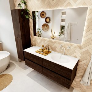 MONDIAZ VICA 140cm badmeubel onderkast Dark Brown 4 lades. Wastafel MOON rechts 1 kraangat