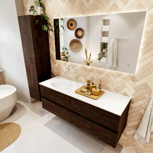 MONDIAZ VICA 140cm badmeubel onderkast Dark Brown 4 lades. Wastafel MOON links zonder kraangat