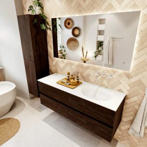 MONDIAZ VICA 140cm badmeubel onderkast Dark Brown 4 lades. Wastafel MOON rechts zonder kraangat
